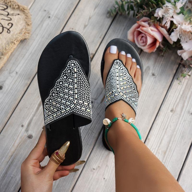 New summer style glass rhinestone flip-flops for women, plus size. 36 чёрный