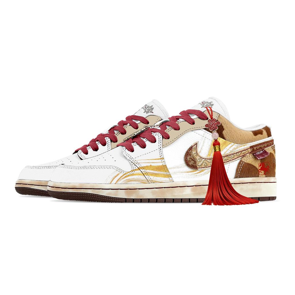Jordan Air Jordan 1 Year Of The Horse Greetings Abrasion Resistant Low Top Vintage Basketball Shoes Men's Brown White IQ5321-121(Team529-)