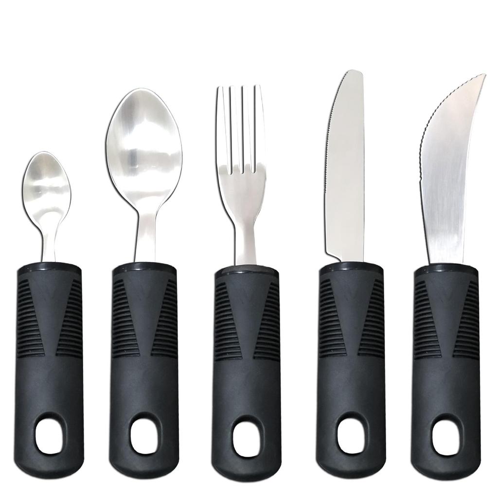 Adaptive Stainless Steel Anti-Tremor Tableware Set: Ergonomic Knife, Fork, Spoon with Rubber and Plastic Handles for Elderly Assistance