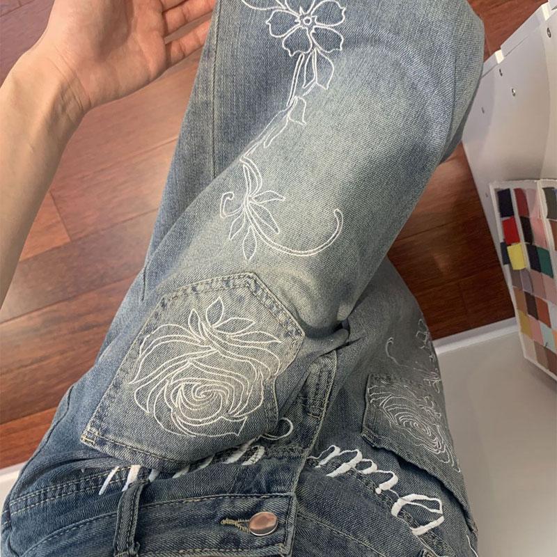 Women's Floral Embroidery Wide Leg Jeans High Waist Vintage Washed Loose Fit Denim Pants