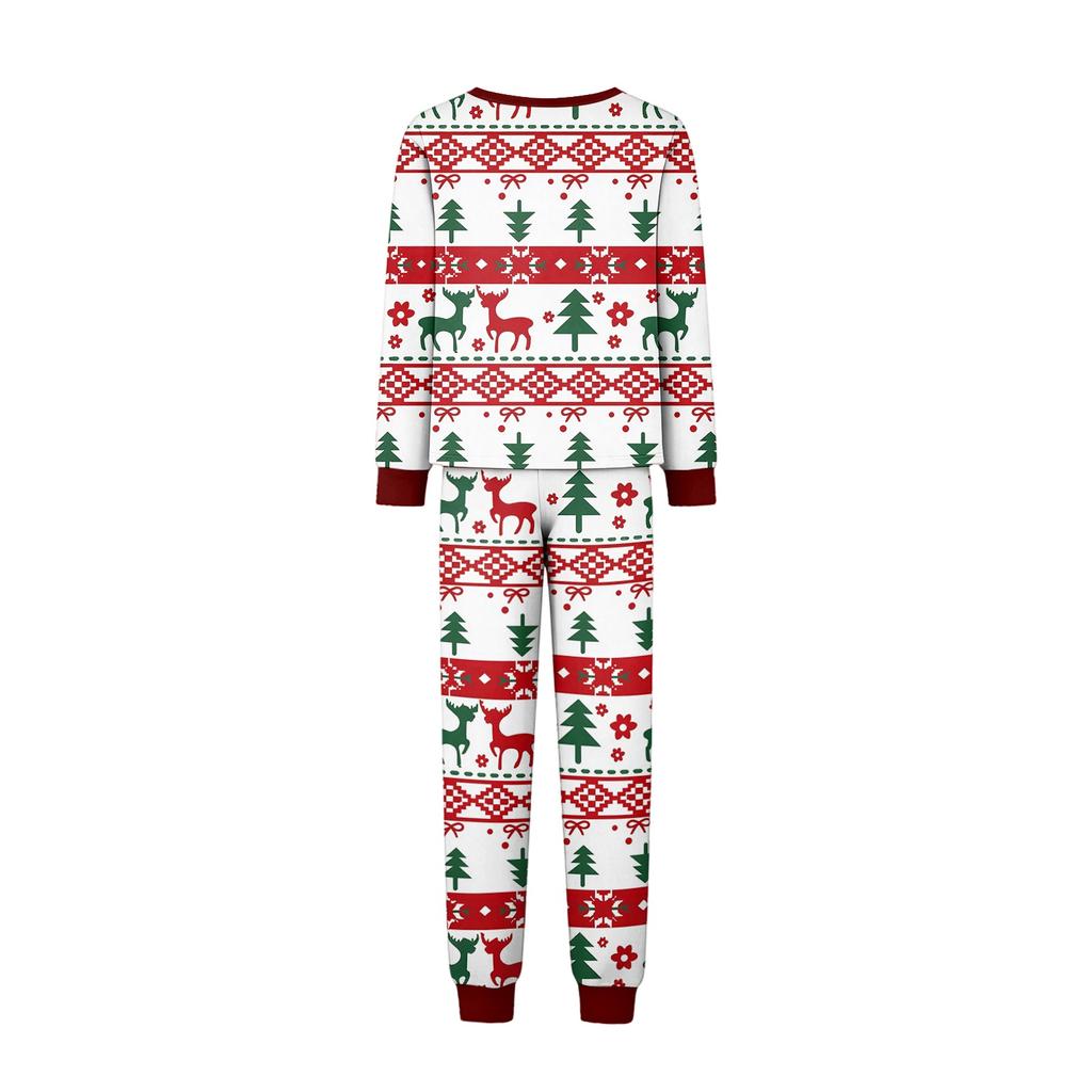 Family Matching Christmas Pajamas Set Long Sleeve Neck Print Loungewear for Parents and Kids