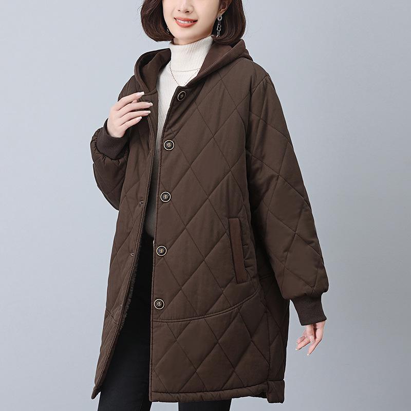 2024 Women's Mid-Length Fleece-Lined Cotton Coat - Plus Size, Loose Fit, Warm Winter Jacket for Middle-Aged Women
