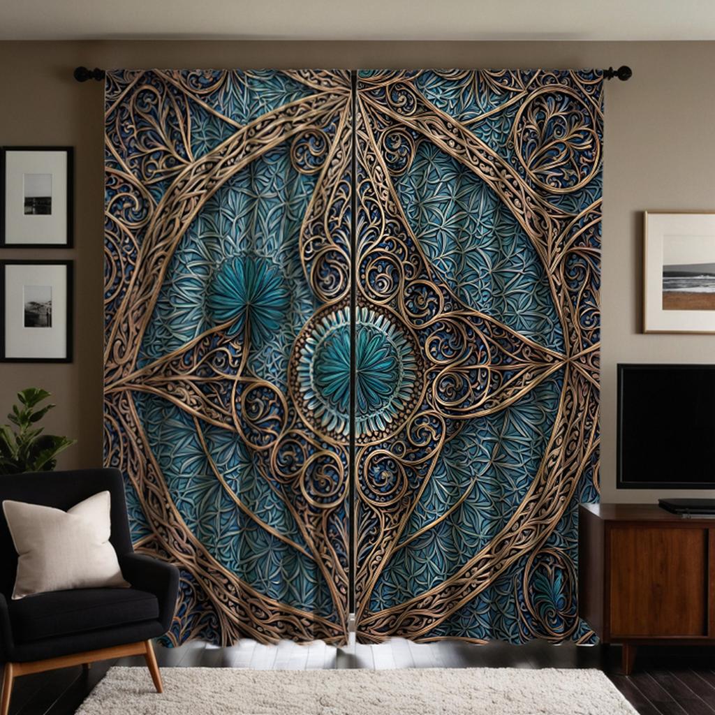 2 st HD Sydostasiatisk etnisk bakgrund snidad dekorativ gardin Blå digitaltryckt gardin Heminredningsstil decora