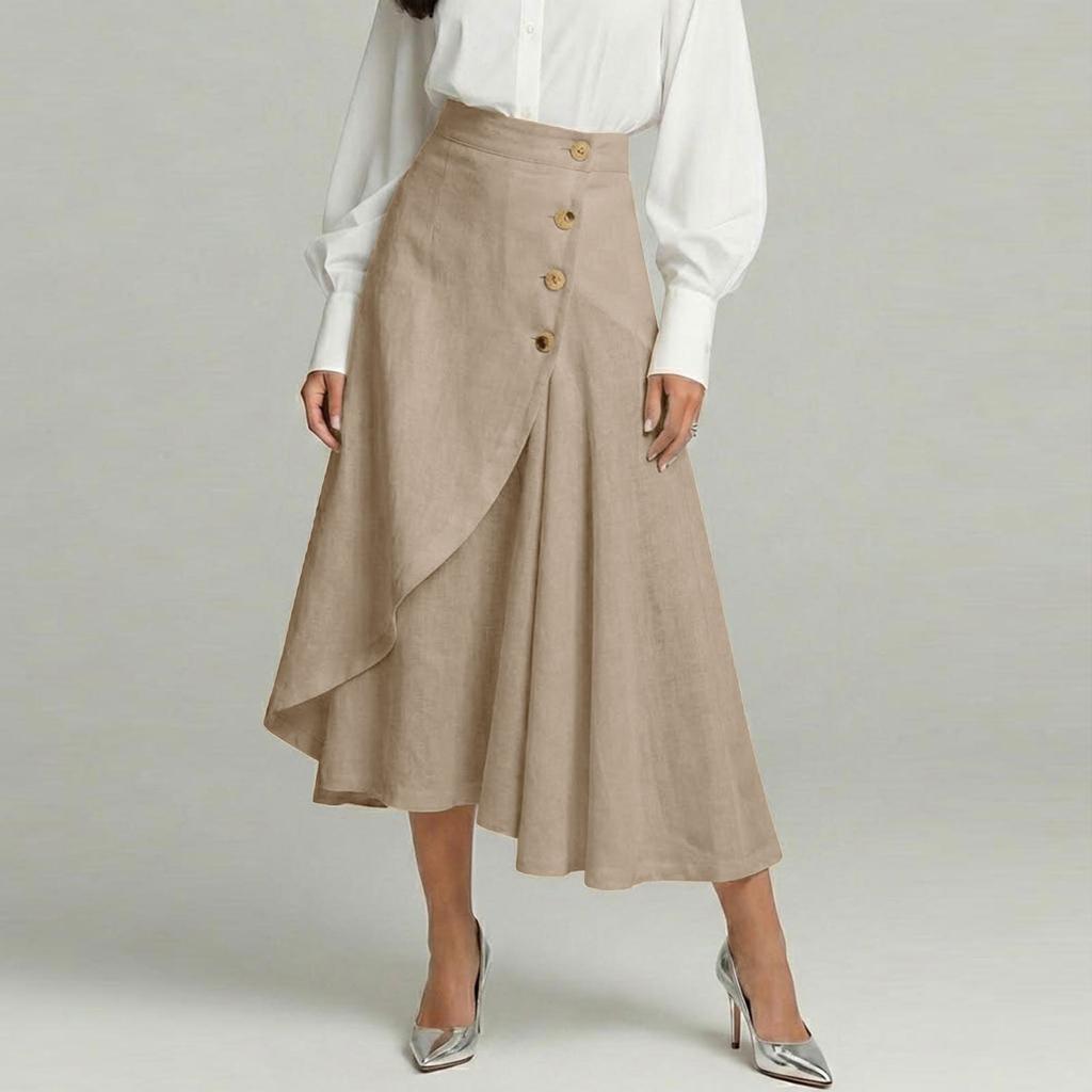 Women's Fashionable Cotton-Linen High-Waisted Button-Front Asymmetrical -Color Skirt