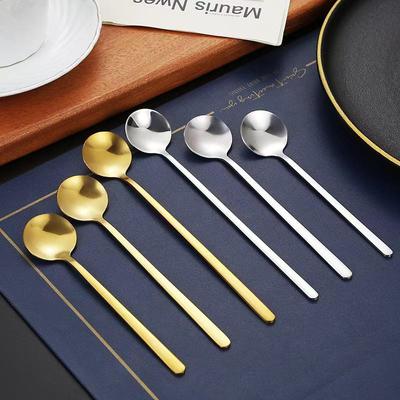 כפית קינוח וקפה מנירוסטה זהובה עם ידית ארוכה - נירוסטה 410, עיצוב עגול קטן