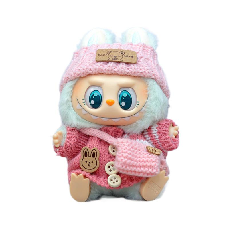 Labubu Doll Outfit Set: Knit Sweater, Hat, Button Charm, Small Bag, Vinyl Doll Clothes Replacement