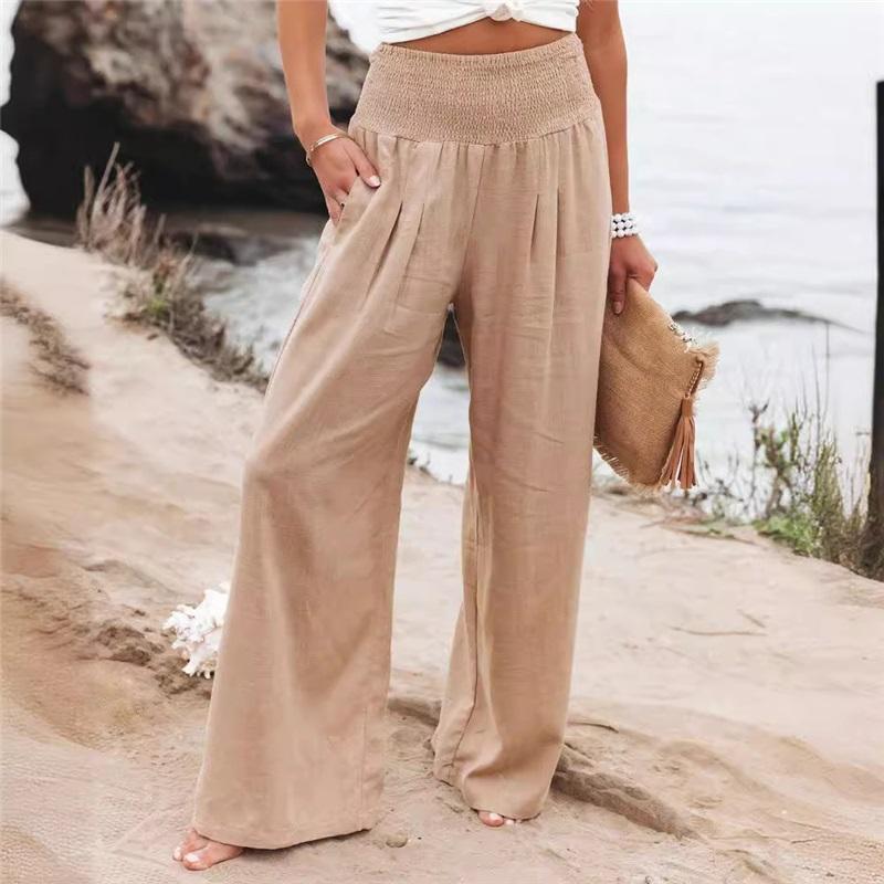 Frühling Sommer Damen Einfarbig Hochtailliert Weitbein Hose Lässig Lange Hose Leicht Bequem Weitbein Hose Für Damen