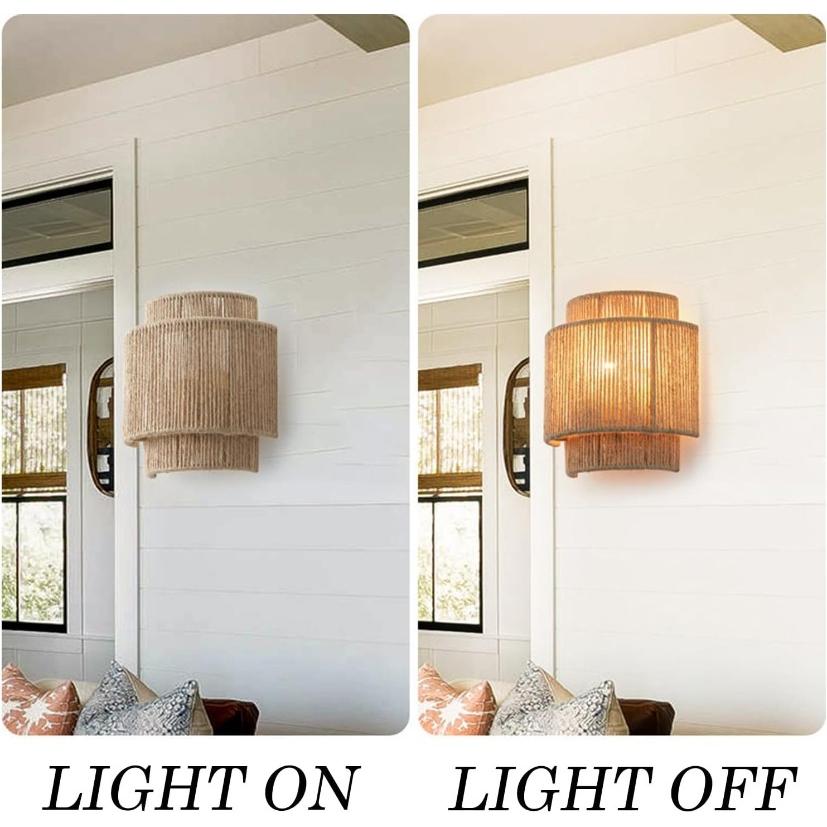 Hemp Rope Rattan Wall Lamp Antique Asia Hotel Indoor Living Room Bedroom and Office Vanity Modern E27 Woven Bedside Wall Light