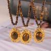 Maillard Oval Tijgeroog Hanger Temperament Titanium Staal Ketting Vintage Kralenketting Set Vrouwelijk