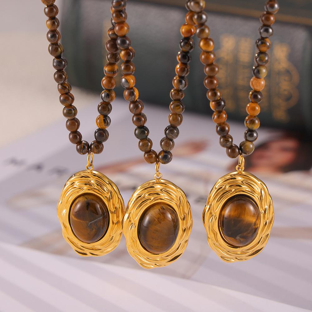 Maillard Oval Tijgeroog Hanger Temperament Titanium Staal Ketting Vintage Kralenketting Set Vrouwelijk