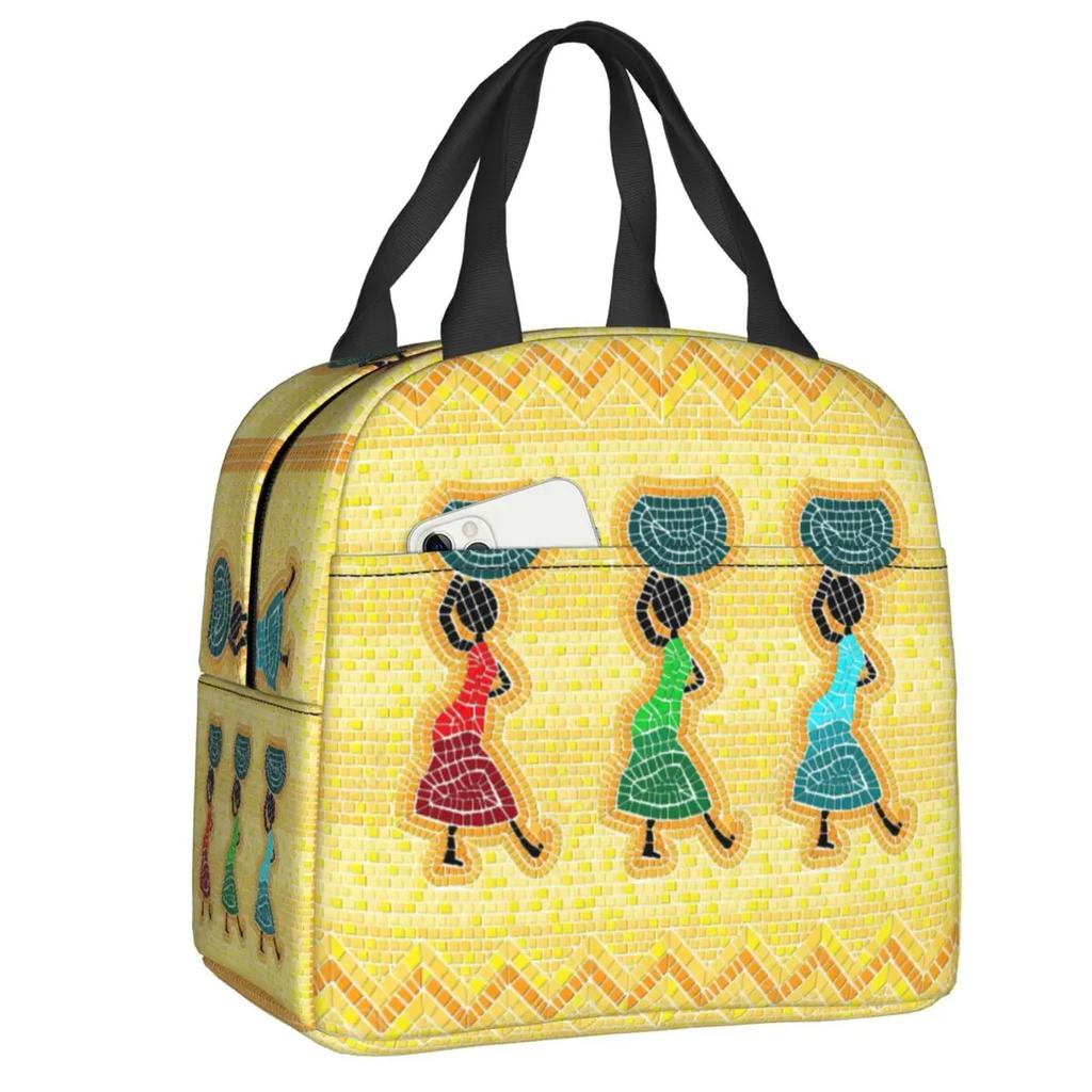 African Elements Pattern Insulated Lunch Tote Bag for Women Africa Ethnic Culture Cooler Thermal Bento Box Work School Travel