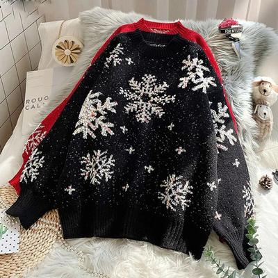 Damen-Pullover, schick, Retro, rot, Weihnachten, Damen-Strickwaren, Herbst-Winter, gerader Rundhalsausschnitt, Langarm-Pullover-Mantel