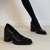 Cowhide Version~ Black Thin Leather Mary Jane Shoes Women's Cm Thick Heel Pointed Head Shallow Mouth One-word Buckle Single Shoes High Heels