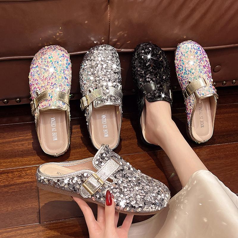 Mezze pantofole francesi con paillettes Baotou da donna, nuove per la primavera e l'estate, da indossare fuori, con carattere, Mary Jane, scarpe basse