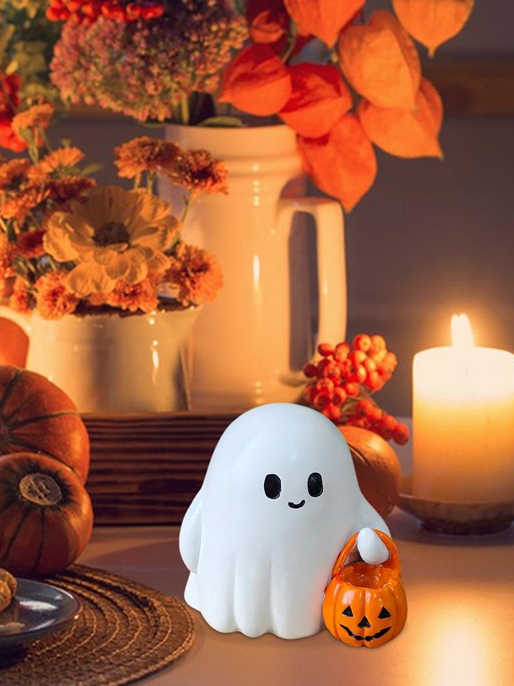 Ghost Pumpkin Figurine Halloween Miniature Figurines Mini Lovely Cartoon Pumpkin Ghost Ornaments Home Office Desk Decor