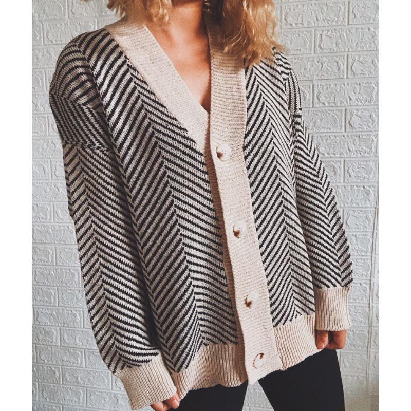 Striped Knitted Cardigan Women's Loose Sweater Single Breasted Buckle Casual Long Sleeved Jacket Warm Comfortable Commuter Tops Autumn and Winter