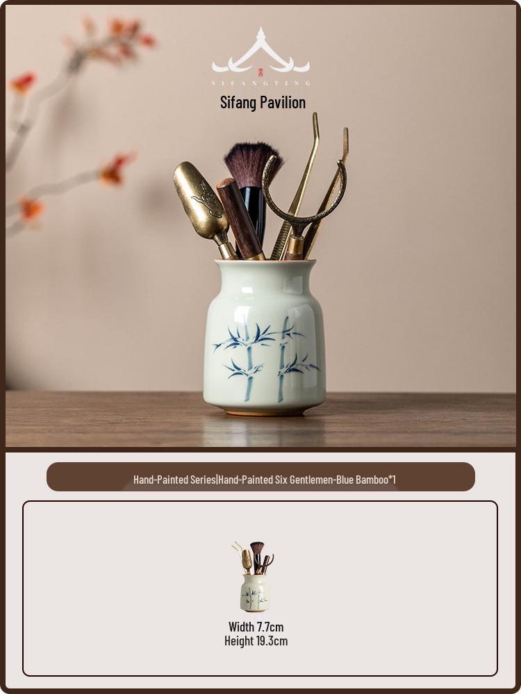 Hand-Painted Kung Fu Tea Ceremony Set: Six Gentlemen Accessories with Tea Tongs, Brush, and Tea Pet 7.7x19.3cm
