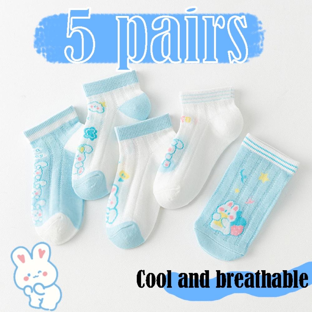 

5 пар Дышащие детские носки с мультяшным дизайном кролика, из полиэфирного волокна со звездами и цветами, мягкие и удобные для повседневной носки, не скользят 1-4years (13-15cm)
