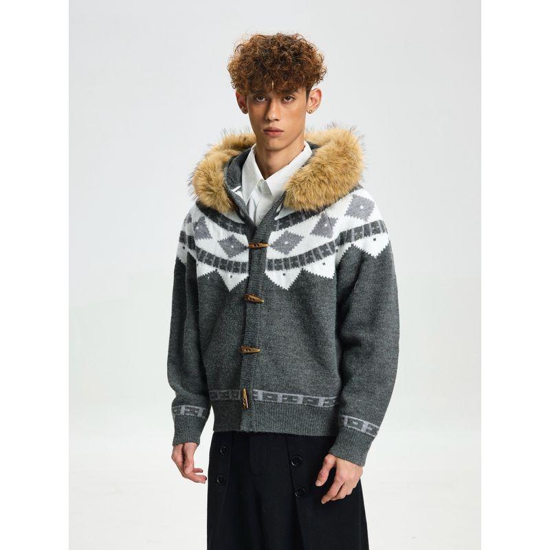 Cabbage Coke American-Style Detachable Fur Collar Fair Isle Sweater Jacket for Men and Women, Autumn Thickened Couple's Color-Block Knitwear