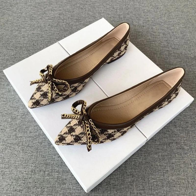 Fashion Chain Low Heel Elegant Office Ladies Footwear with Bow Pointed Toe Women's Shoes L E Vacation Comfortable Young Discount On Sale