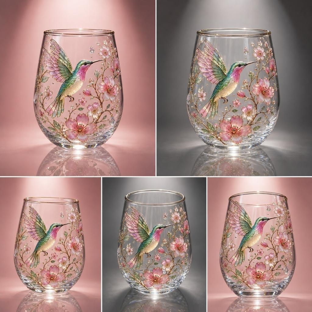 Glasbecher mit Kolibri und Blumenmuster, handbemalt, dekoratives Trinkglas mit Goldrand für den täglichen Gebrauch und besondere Anlässe