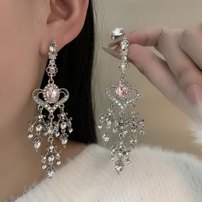 Super Fee Rosa Diamantbesetzte Wassertropfen-Liebesohrringe, Retro Barock Lange Süße Fransen-Temperament-Ohrringe