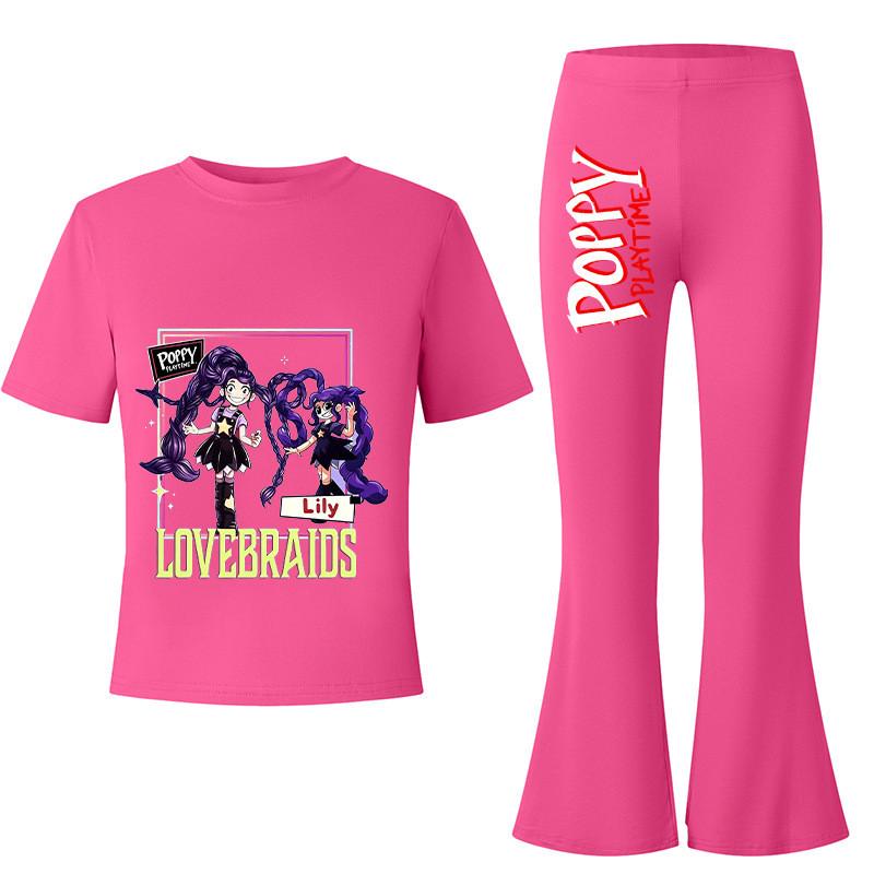 2pcs Kids Girls Lily Lovebraids Printed Casual Short Sleeves T-shirt Top Flared Trumpet Trousers Top Pants Sets