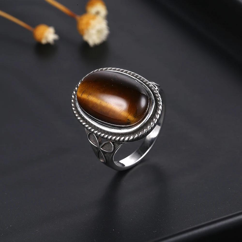 S925 Sterling Silver Retro Natural Labradorite Flower Rings Jewelry Silver Large Tiger Eye Engagement Wedding Gift for Women