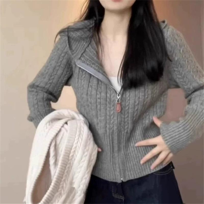 

Autumn and winter twist zipper hooded knitted cardigan sweater women s gentle wind sweet sister thin knitted cardigan top average size