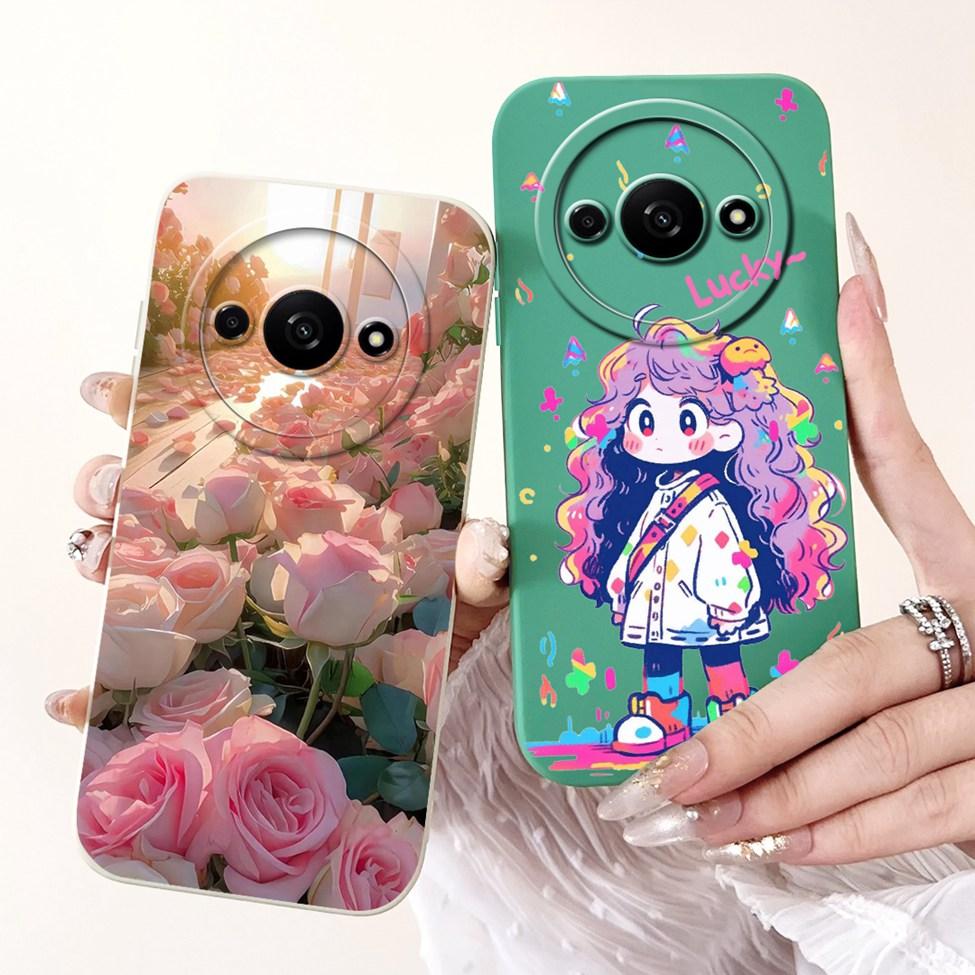 Für Redmi A3 Hülle Niedliche Cartoon Katze Ästhetisch Blumenmädchen Junge Stoßfeste Silikon-Rückabdeckung Für Xiaomi Redmi A3 Handyhülle Coque