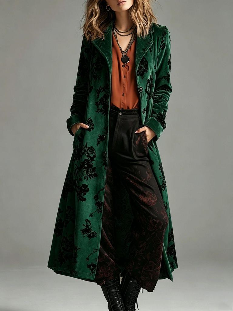 2026 European Retro Velvet Floral Lapel Long Coat - Women's Autumn Winter Fashion.