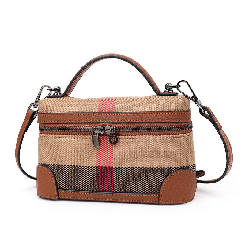 New Women's One Shoulder Crossbody Bag Canvas with Cowhide Plaid Pattern Phone Bag