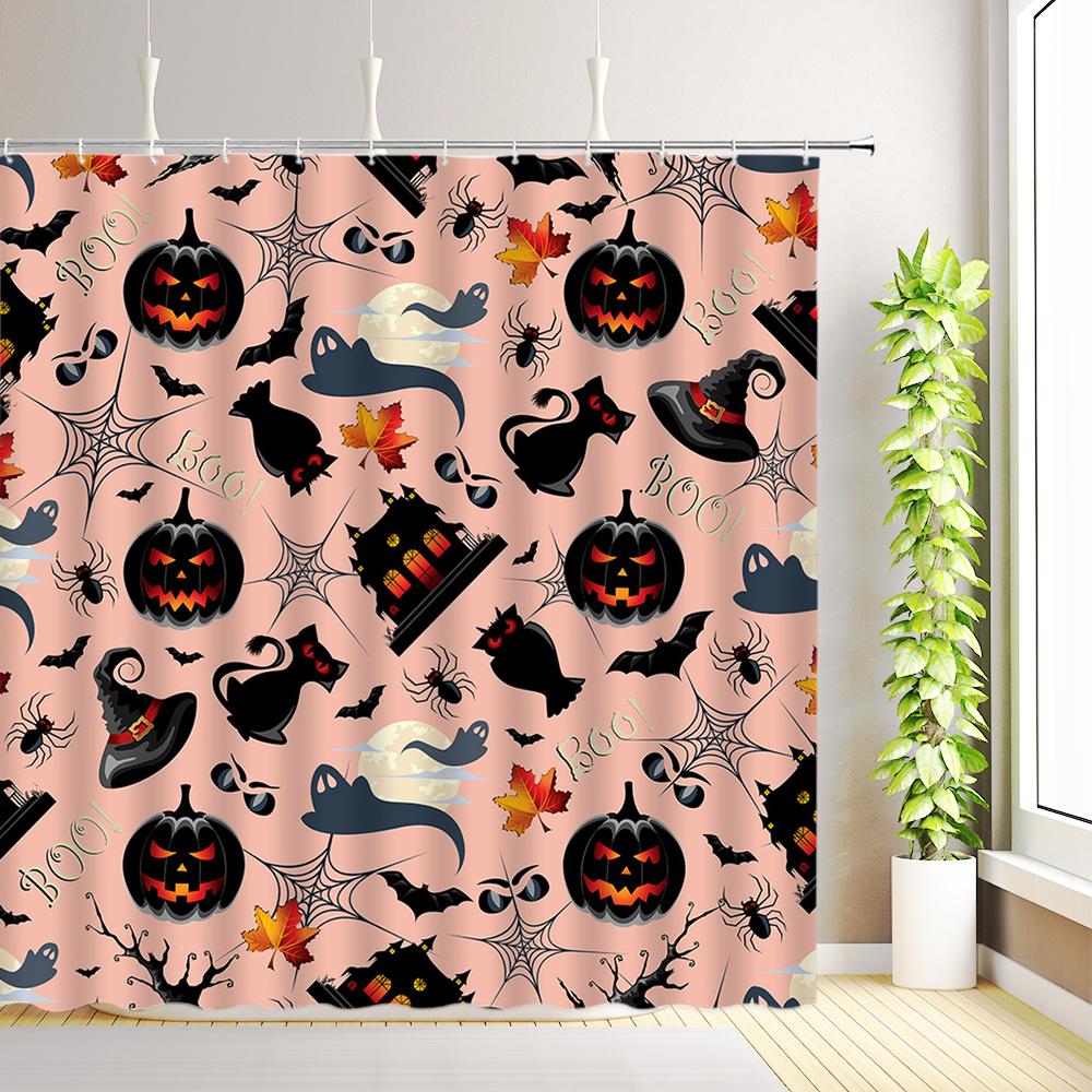 

Halloween Shower Curtain Skull Flowers White Cute Ghost Pumpkins Spider Bats Bathroom Decor Fabric Bath Curtains with Hooks 35x70inch-90x180cm