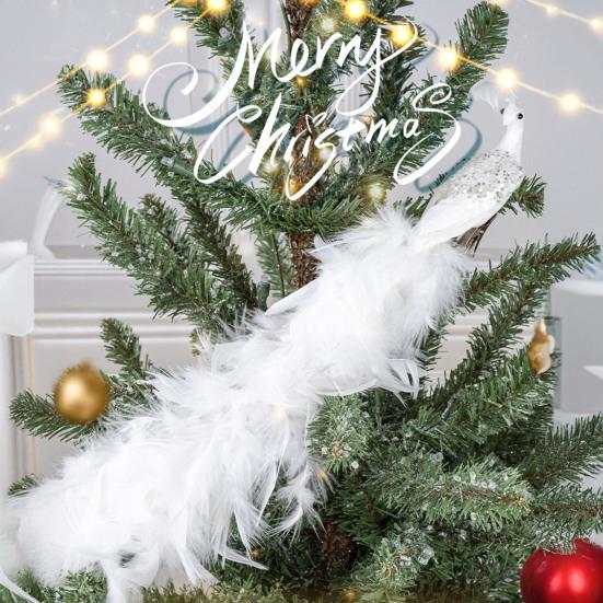 16in White Peacock Tree Topper Artificial Long Tail Glitter Peacock Clip Ornaments Faux Simulation Feathered Peacock for Christmas Tree Decor