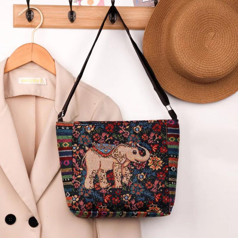 Yogodlns Håndveske i etnisk stil Broderi Elefant Lerret Dame Skuldervesker Dagligvareoppbevaringsveske Stor kapasitet Crossbody-veske