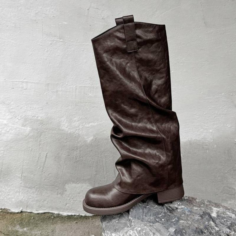 European and American round head thick-soled Martin boots non-slip soft-soled leather large-size women's boots thigh circumference high boots aut