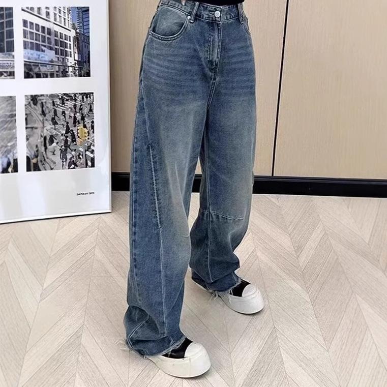 Plus Size Retro High Waist Wide-Leg Jeans for Women - Slimming, Floor-Length, Spring/Autumn