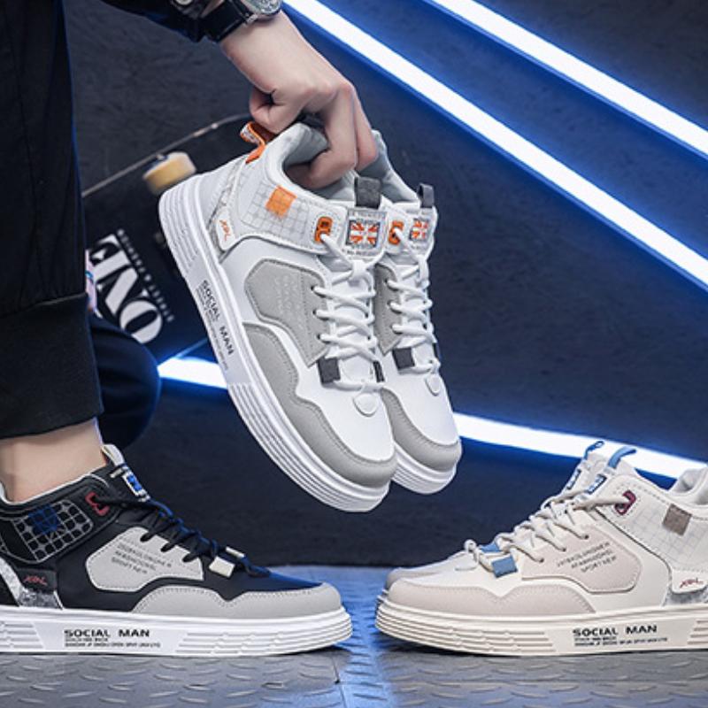 Mode Mode Herren PU Leder Freizeitschuhe Frühling Atmungsaktiver Komfort Plateau Walking Schuhe Herren High Top Stiefel Trend Skateboard Schuhe