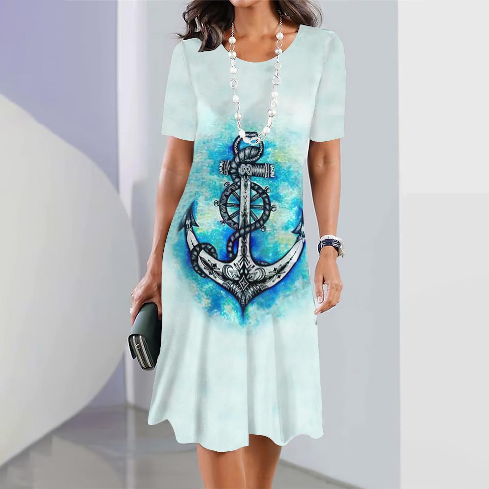 New Women's Dresses Anchor 3D Print Female Elegant Dresses Summer Short Sleeve Dress Fashion Oversized Clothing