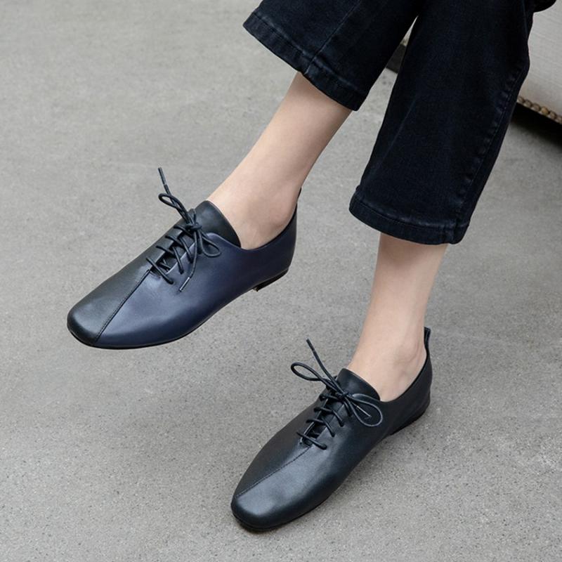 Fashion Women's new leather cowhide lace up color blocked low heel plus size comfortable and soft Oxford shoes walking single shoes