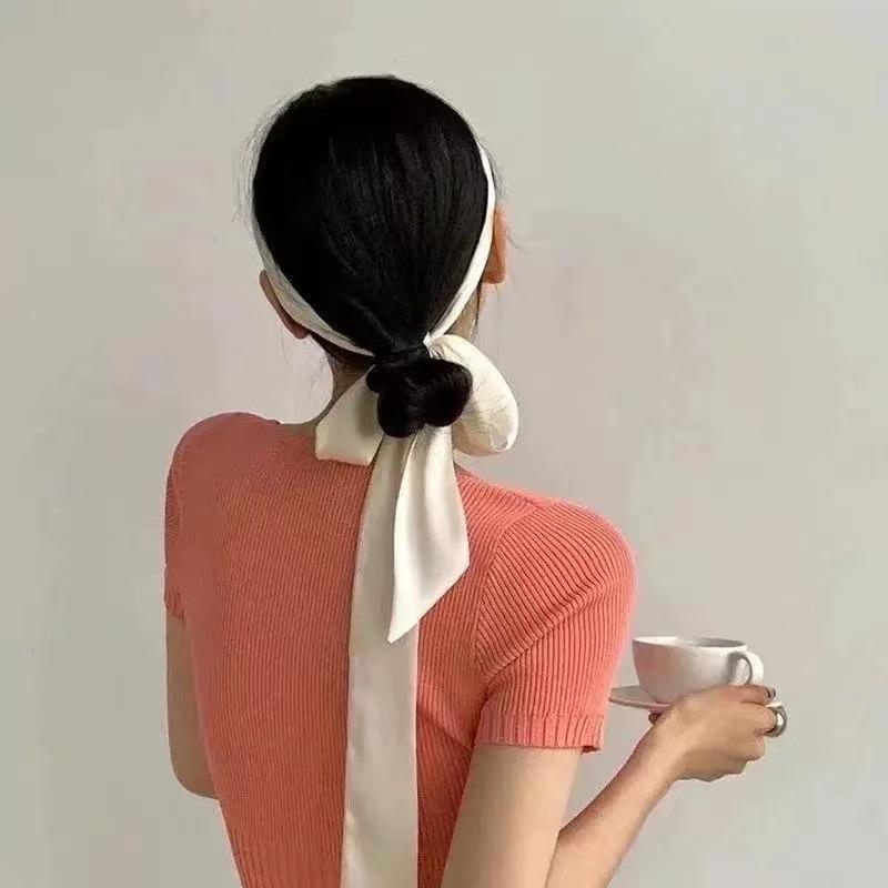 Fashion Women Narrow Solid Color Long Silk Scarf Satin Neck Tie Handle Bag Ribbons Luxury Headbands Skinny Scarves Neckerchief