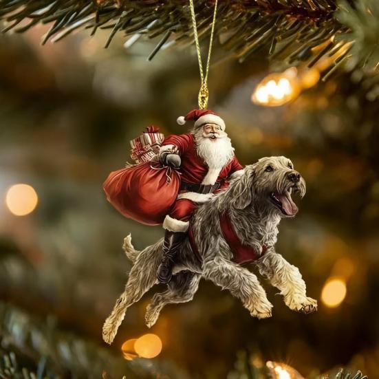 Santa Claus Dog Christmas Ornaments Funny Santa Claus Riding Puppy Ornaments 2D