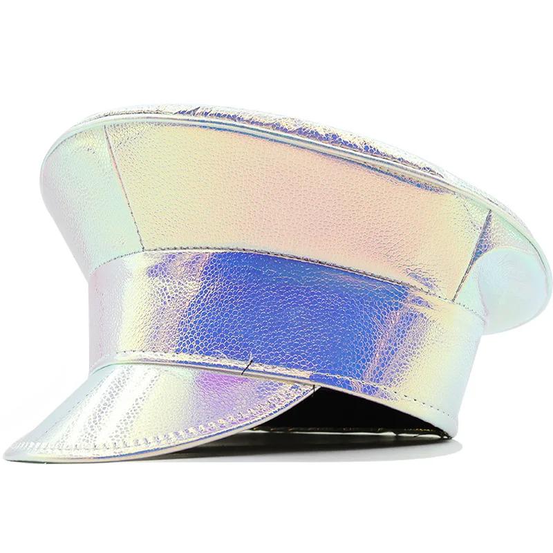 

Women s Silver Laser Military Hat Red Patent Leather Flat Top Hat for Parties Pu Leather Navy Cap Shiny Performance Police Cap 56-59cm