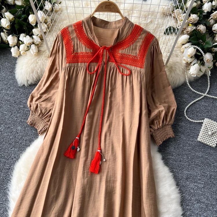Elegant Retro Lace Up Summer Dress for Women A Line Ruffle Lantern Sleeve Loose Vacation Sweet O Neck Dresses