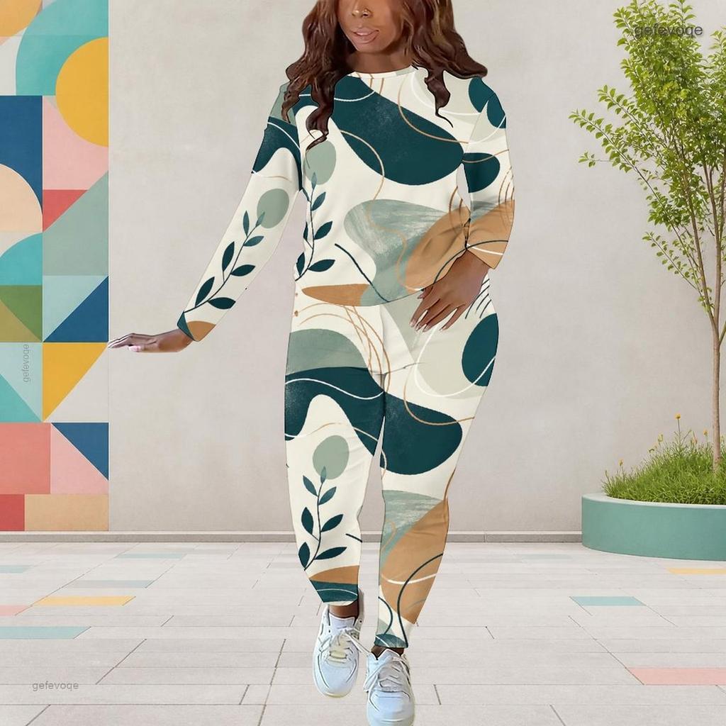 Women Plus Size Round Neck Long Sleeve Printed Top And Fitted Pants Two Piece Set