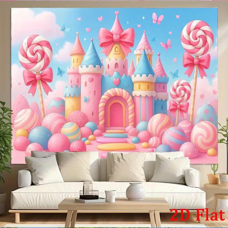 2D Pastel Candy Castle Backdrop, Princess Birthday Lollipop Background