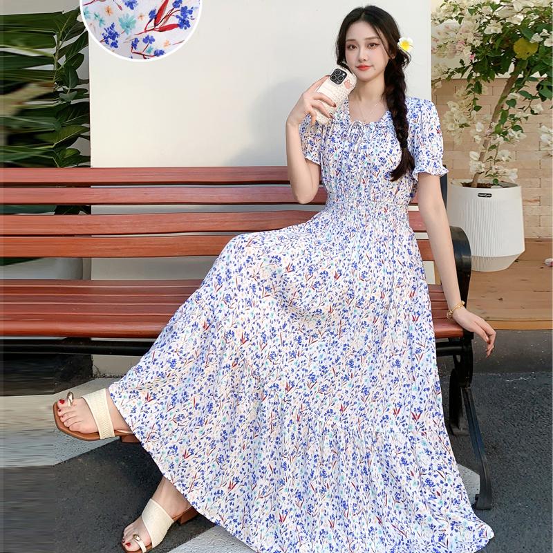 Summer Cotton Silk Floral Print Maxi Dress Bohemian Beachwear High Waist Young Women's Large Skirt Swing Dress