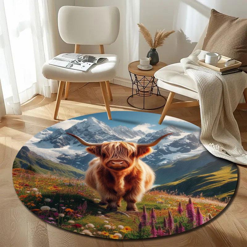 Beautiful Highland Cow Mountain Meadow Carpet, Warm Brown Vintage Feel, Lovely Piece for Nursery Baby Room and Toddler Area with Calm