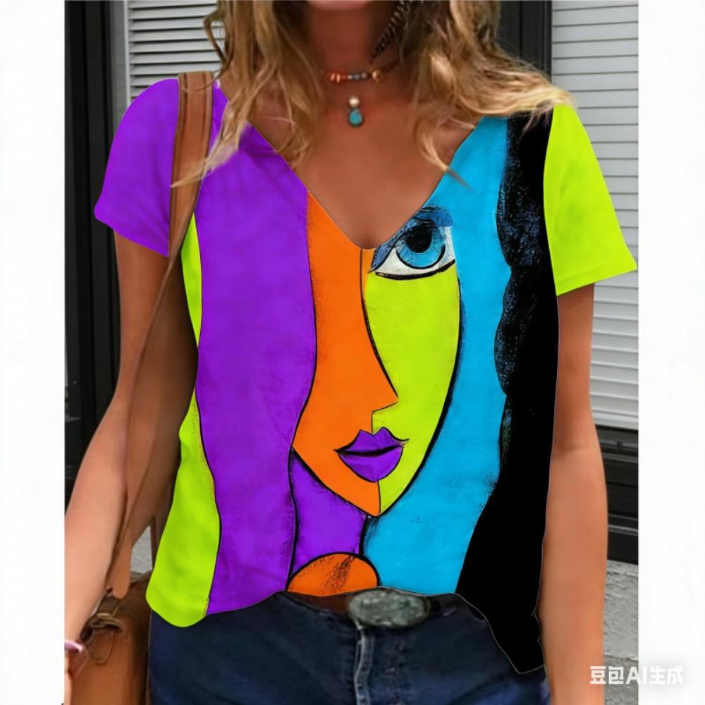 Women's V Neck T-shirt Summer Casual Plus Size Print Tops Loose Vintage Female Tee Streetwear Short Sleeve Clothes