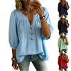Damen Baumwoll-Leinen Drei-Viertelarm Knopf Lässig Locker T-Shirt